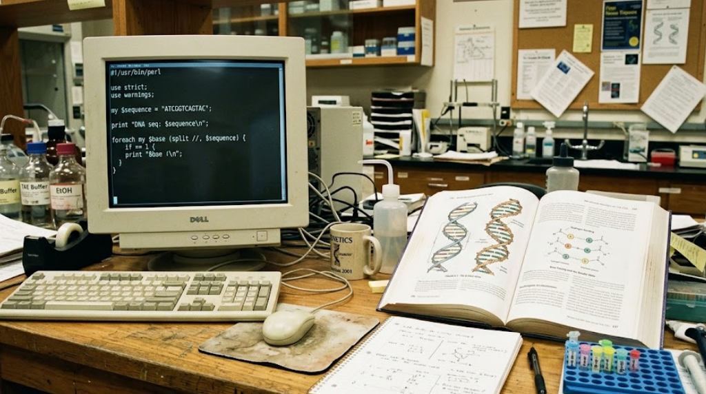 A faded early 2000s laboratory desk featuring a molecular biology textbook and an old CRT monitor displaying Perl code.