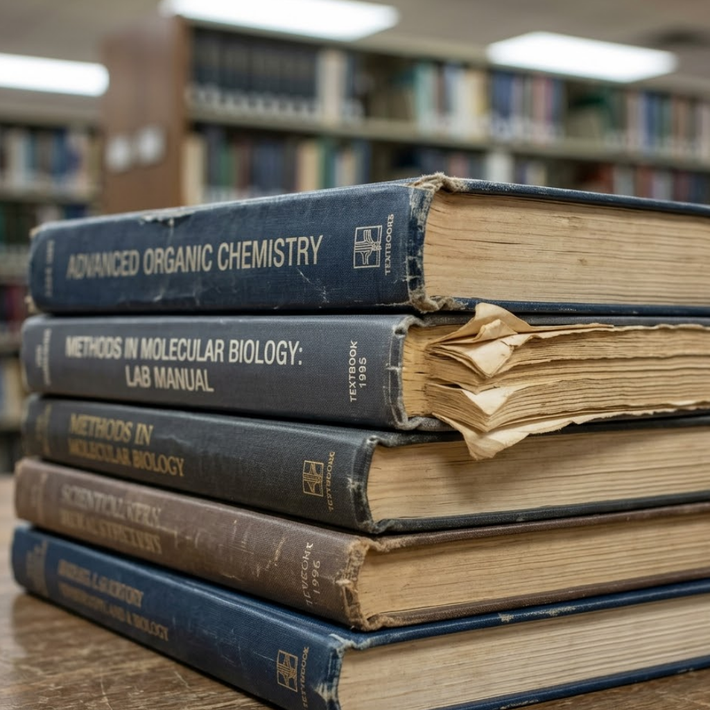 A stack of dog-eared, heavy bioinformatics textbooks and laboratory manuals from the late 1990s.