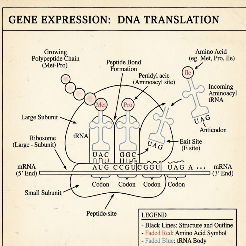 A minimalist diagram illustrating the translation of a DNA nucleotide sequence into an amino acid chain.