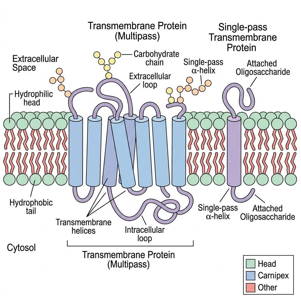 A flat, educational illustration of a transmembrane protein passing through a lipid bilayer.