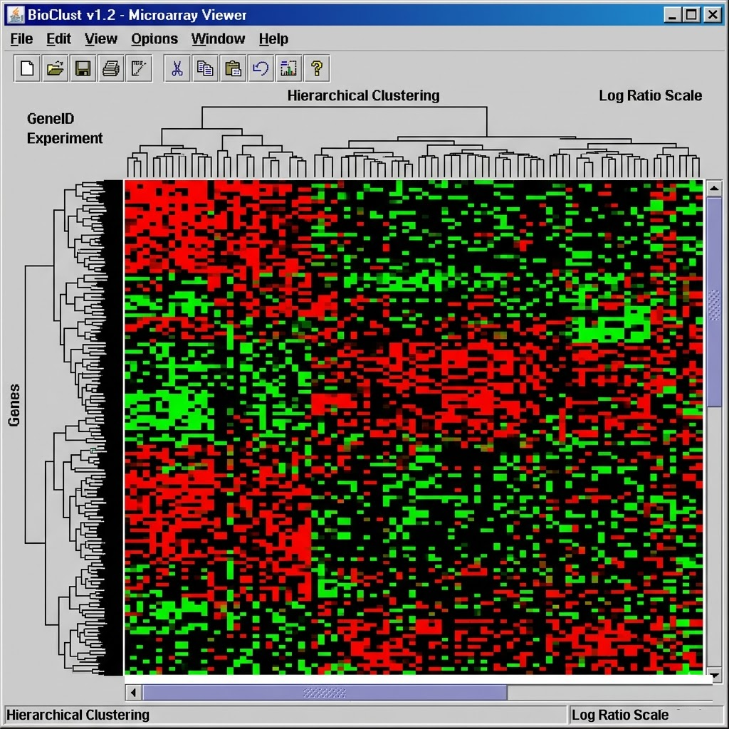 A retro microarray clustering heatmap visualization typical of early Java TreeView software.