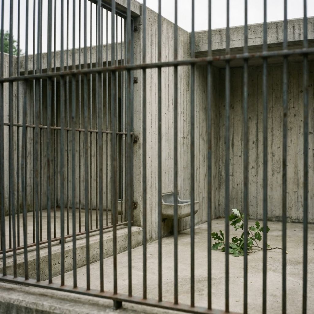 A documentary-style photograph of a concrete zoo enclosure contrasting with a natural green branch.